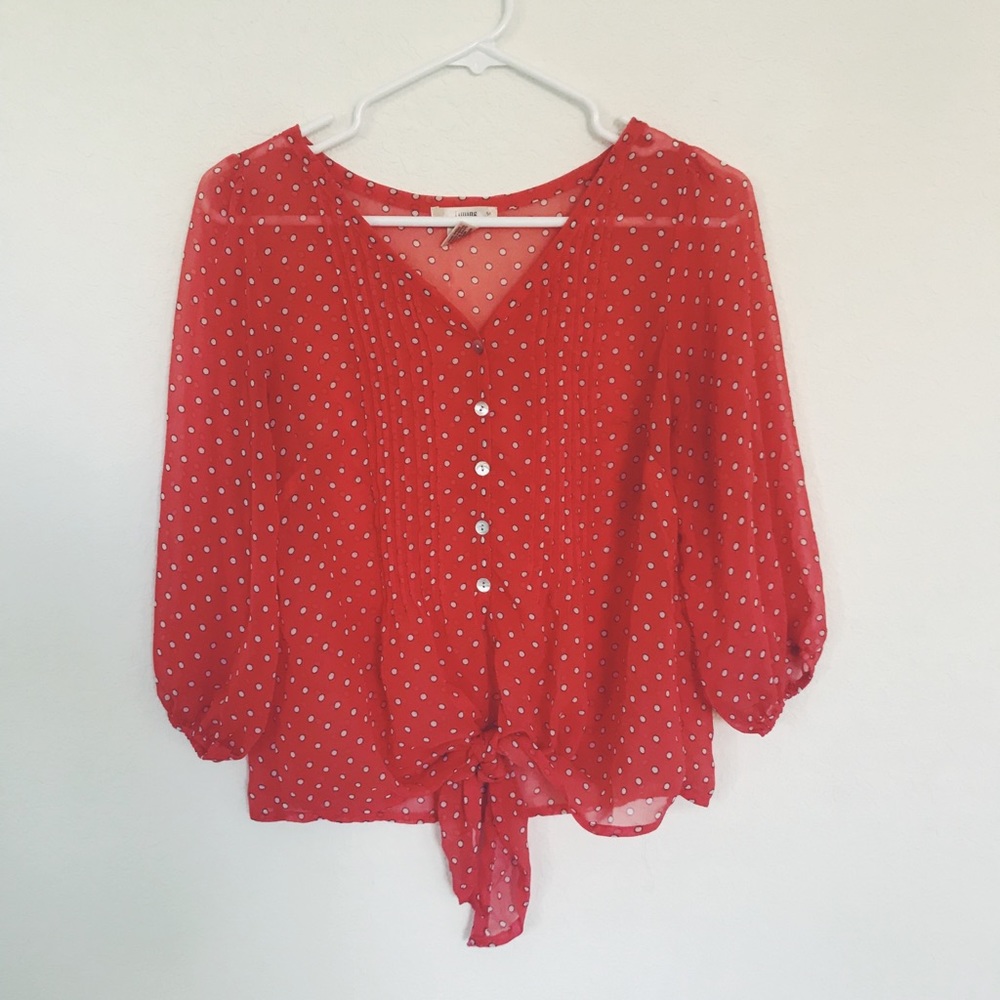 Sheer Polka Dot Button Up Top with Knotted Hem